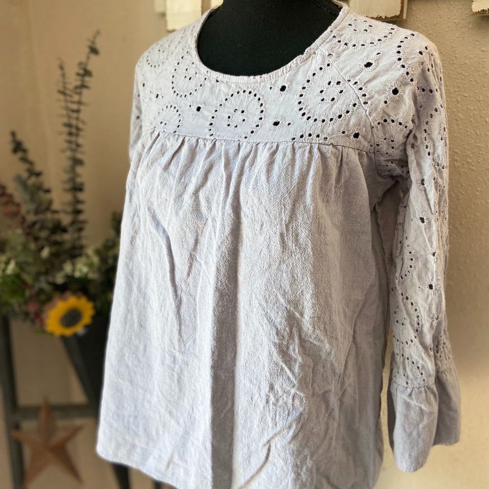 4/$20 Misslook Grey/Blue Linen Blend Blouse L
